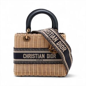 Christian Dior Lady Wicker Rattan Leather Handbag Navy Blue Beige
